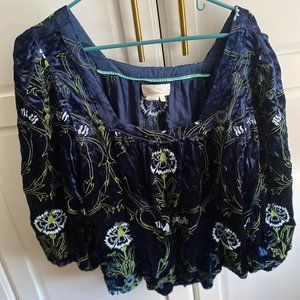 Anthropologie - Blue Velvet Floral Embroidered Top (L) NWOT